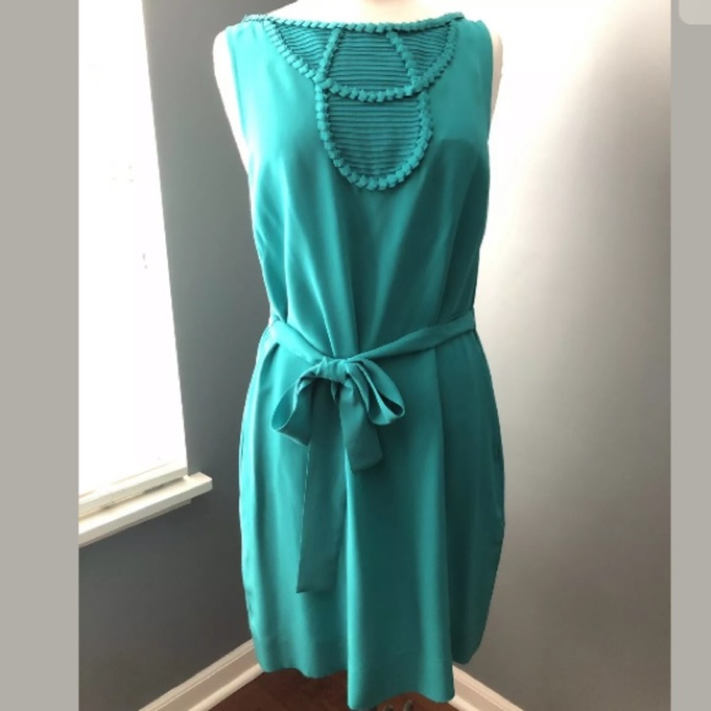 BCBG Max Azaria Teal Blue Silk Dress Tie Waist